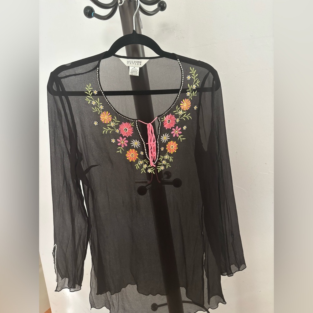 Allison Taylor Black Sheer Floral Blouse